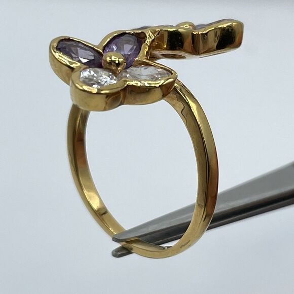 Flower Purple White Rhinestone Gold Tone Ring Band Sz 11 Statement Cocktail Boho - Picture 5 of 6